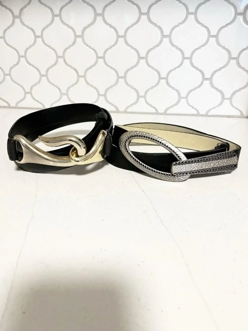 Set of 2 Chico's Adjustable Slide Genuine Leather Belts Women’s Sz M/L Black